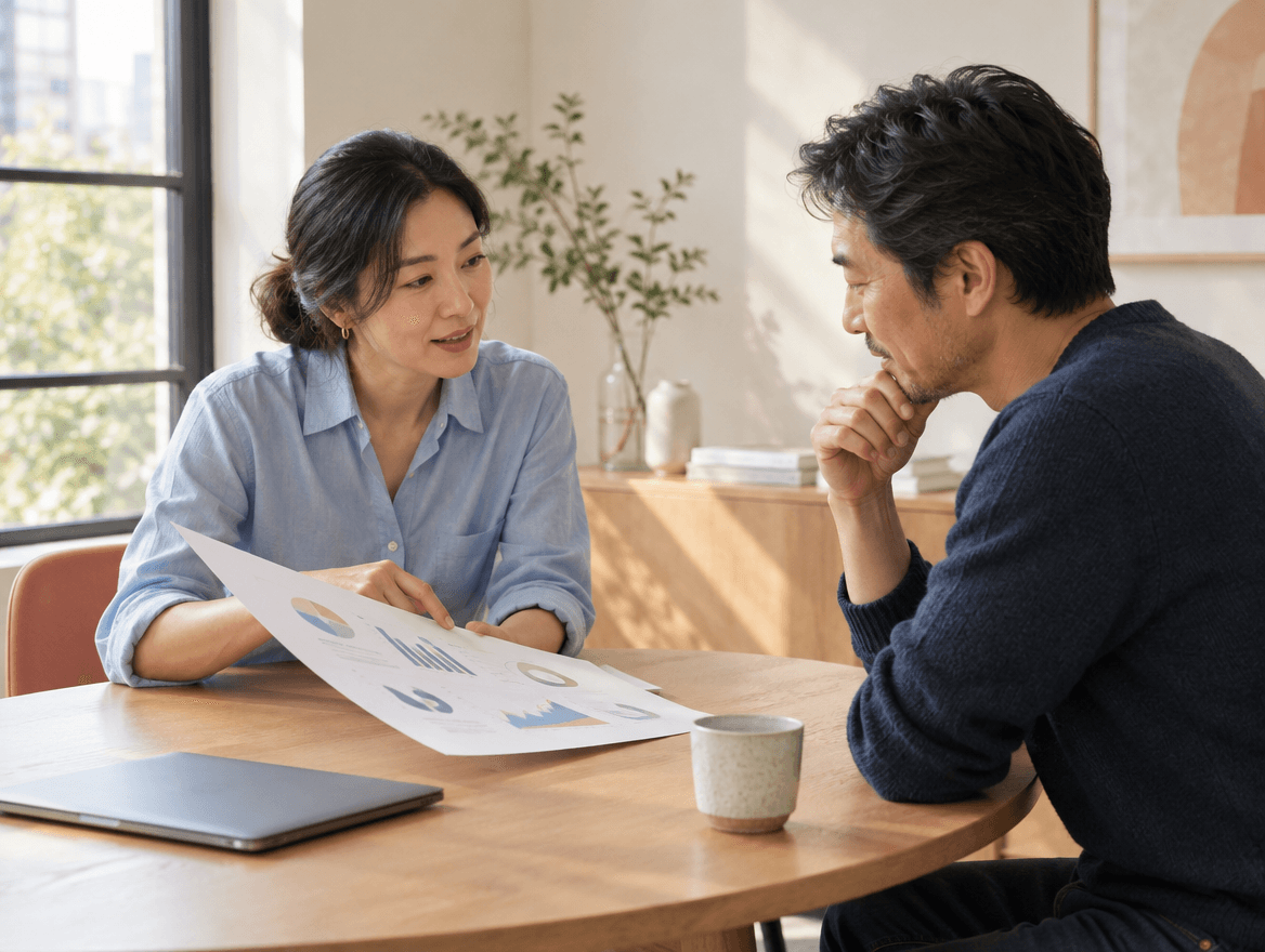 Illustrative scene of two marketing professionals discussing strategy materials
