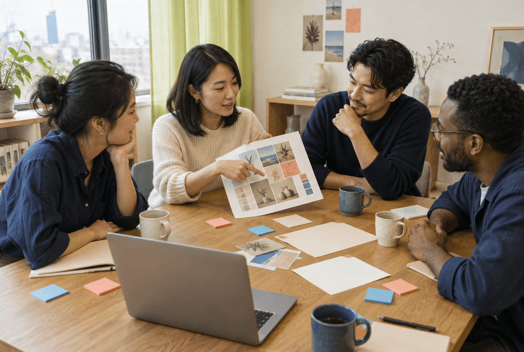Illustrative scene of four marketing professionals discussing brand materials around a table